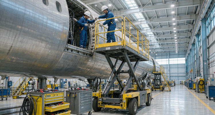 Smart mobile work platform positioned around an aircraft fuselage during aviation manufacturing and MRO