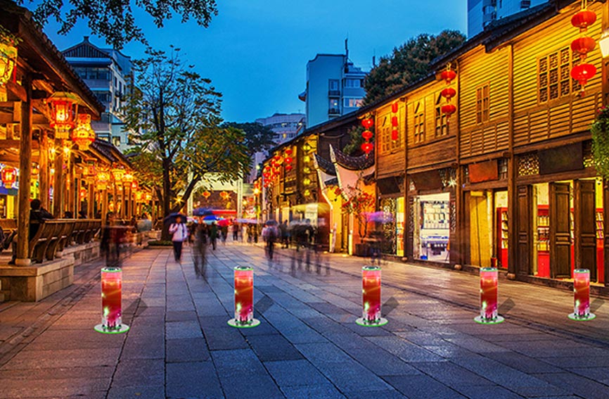 Automatic bollards at entrance and exit of commercial pedestrian street